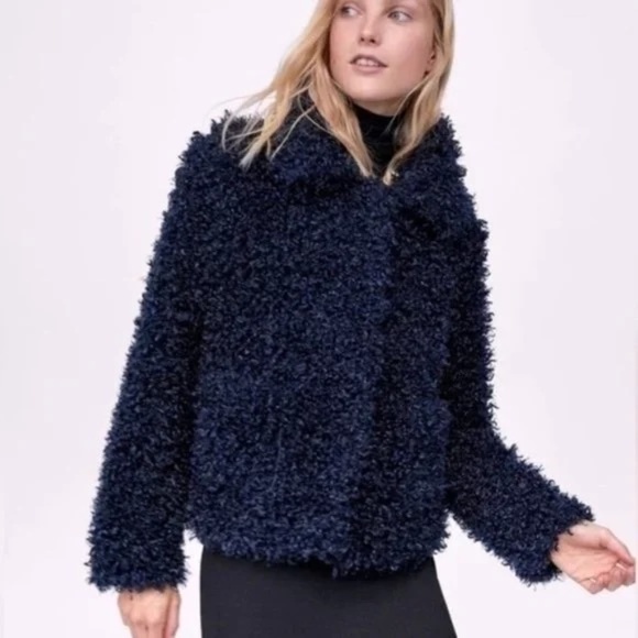 Zare Basic navy blue curly faux fur shaggy button front teddy coat short jacket - Picture 1 of 7